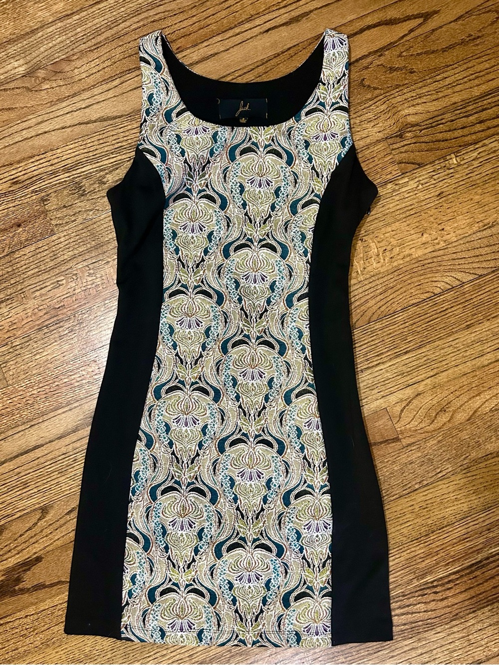Fitted Black Panel Dress with Teal & Ivory Baroque Print